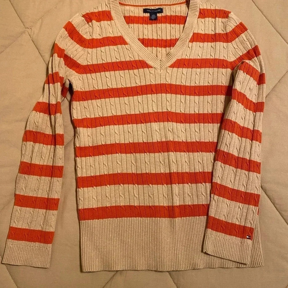 Cable Stripe Knit V Neck Long Sleeve Sweater by Tommy Hilfiger Women Size Large - Picture 1 of 7